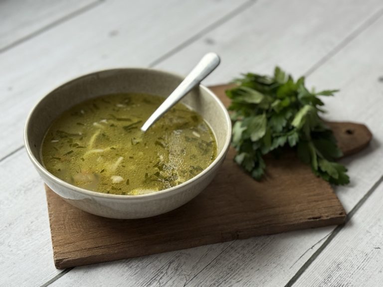 zelfgemaakte kippensoep met vermicelli en groenten